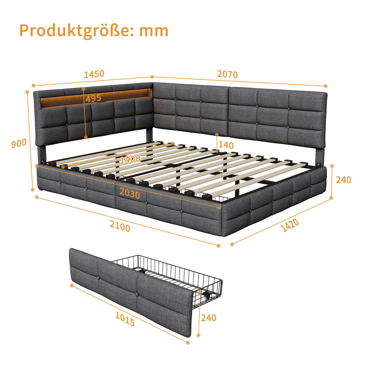 POLSTERBETT 140x200 cm Tagesbett mit 2 Schubladen, LED & USB, Doppelbett mit L-förmigem Kopfteil, Grau - Grau, Metall (140/200cm) - EuroLiving