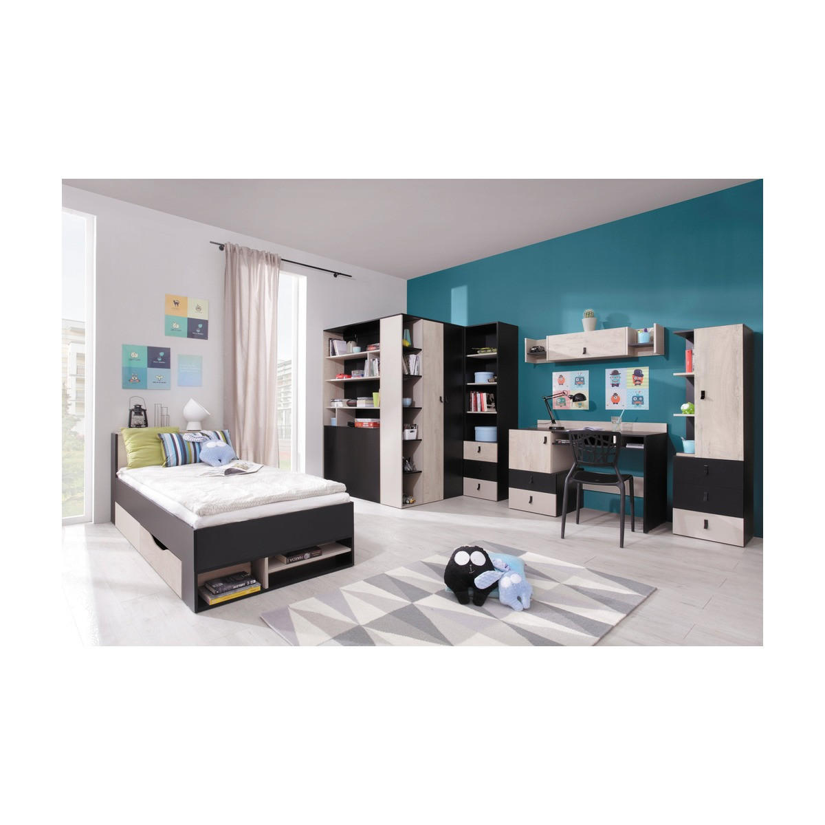 SCHLAFZIMMER Set 6-tlg. – PLANET System – Sonoma / Schwarz - Schwarz, Holzwerkstoff (135/190/135cm) - hi-markt