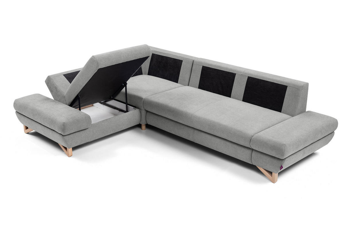 ECKSOFA CASA II L-S Grau Plüsch-Stoff mit Schlaffunktion - Grau, Holz (272/199cm) - MASSENO