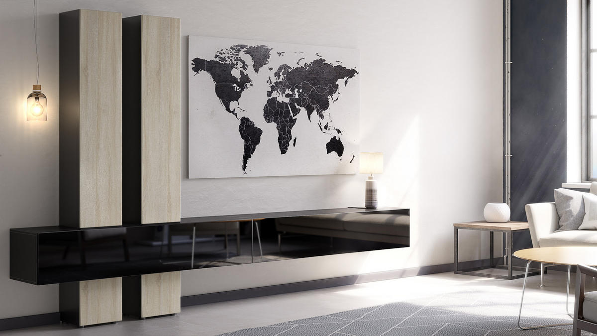 WOHNWAND Moja Türen in Eiche sägerau - Eiche San Remo, Holzwerkstoff (330/204/39cm) - Vladon