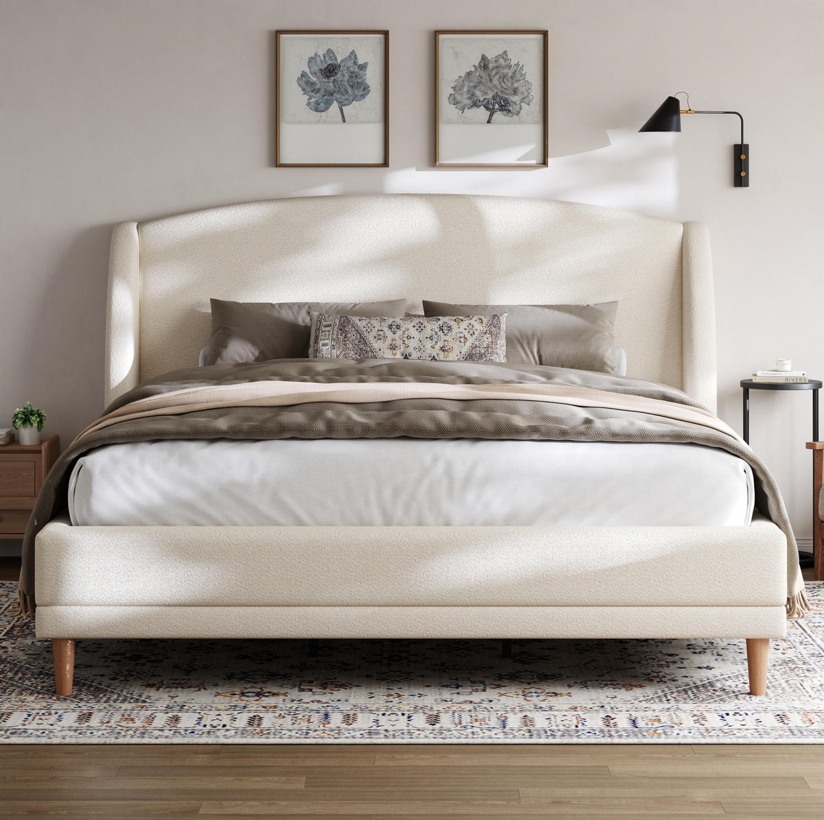 BETT mit Wingback-Kopfteil 140x190 cm Bouclé Weiß - Weiß, Holz (140/190cm) - Meubliv