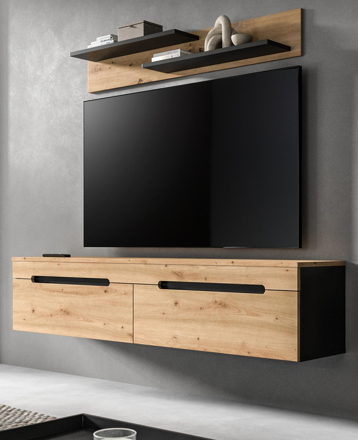 WOHNKOMBINATION Eiche Artisan, grau, 2er Set Lowboard 170 cm und Wandboard, Cooper - Schwarz/Eiche Artisan, Holzwerkstoff/Kunststoff (170/180/33cm) - Inn.Furn