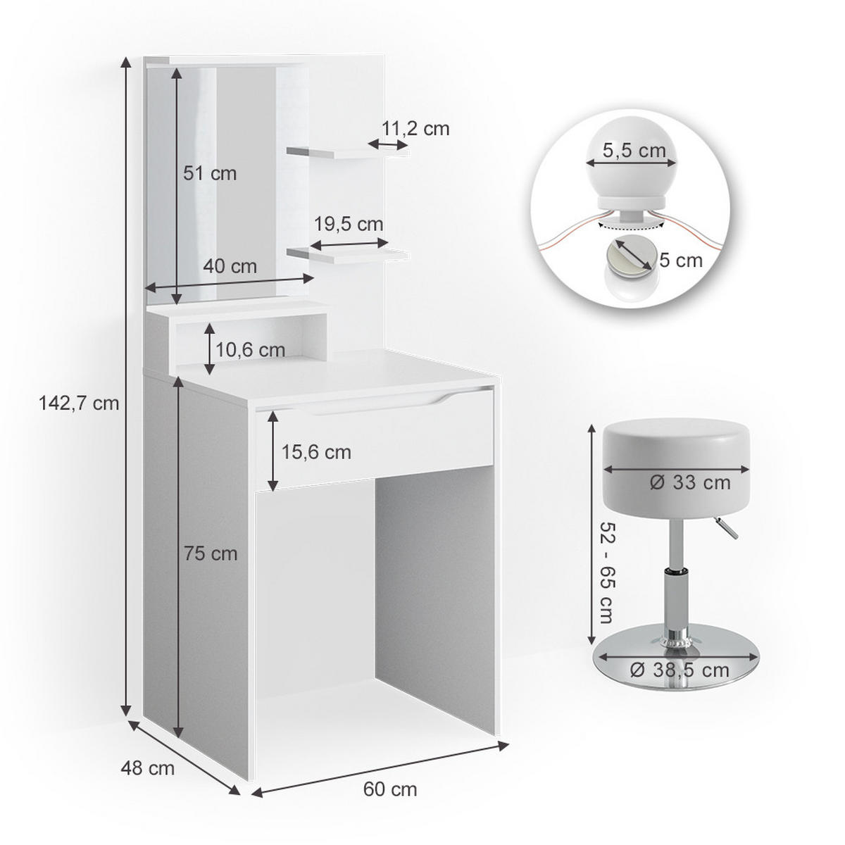SCHMINKTISCH Ruben Weiß 60 cm mit LED Beleuchtung und Hocker - Weiß, Holzwerkstoff (60/142.7/48cm) - Vicco