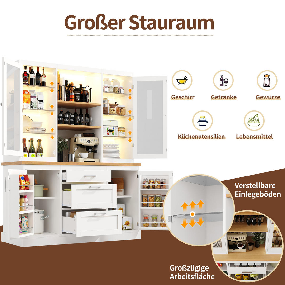 KÜCHENSCHRANK LED App 185x140x40Cm Arbeitsplatte - Weiß, Holzwerkstoff (140/185/40cm) - FLIEKS