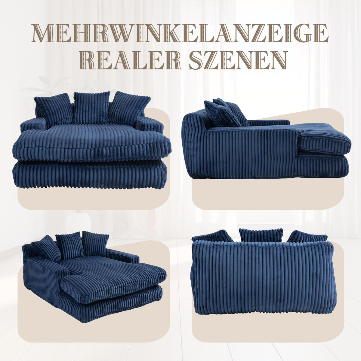 BIGSOFA 125/155/63 cm in Marineblau aus Cord mit Chaiselongue-Charakter - Dunkelblau, Textil (63/125/155cm) - BEAOK