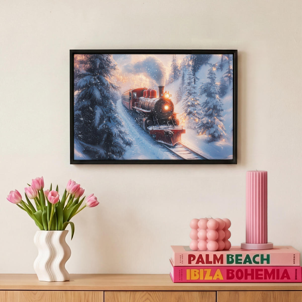 LEINWAND Bilder mit Rahmen - Weihnachtszug - Schnee - Winter - Weihnachten - 30x20 - Dunkelrot, Textil (30/20cm) - MuchoWow