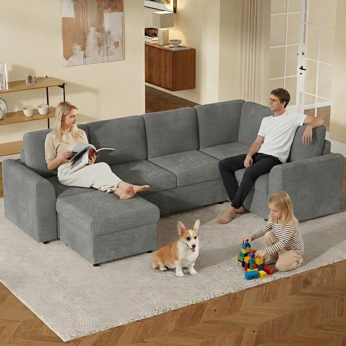 SOFA Grau L-Form Cord Ecksofa Hocker Schaumstoff 282cm - Grau, Textil (153/85/282cm) - FLIEKS