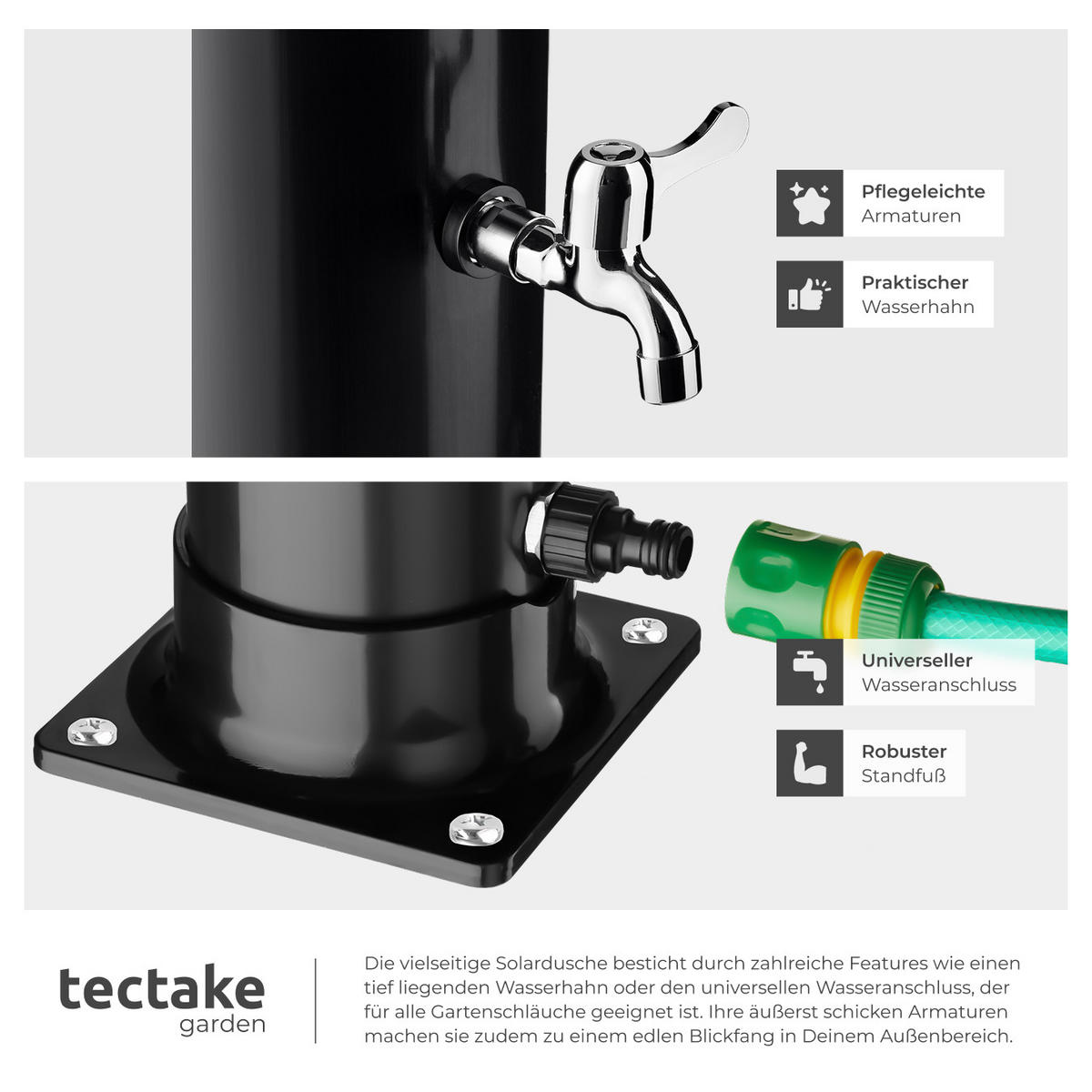 SOLARDUSCHE Tinto,inklusive Wasserhahn,schwarz - Schwarz, Kunststoff (15.5/221/42.5cm) - tectake