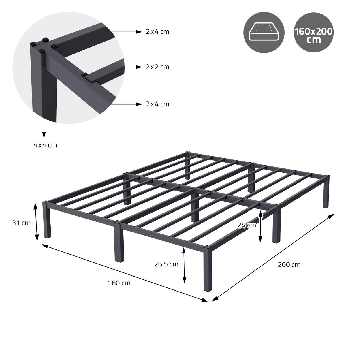 METALLBETT 200/160 cm - Anthrazit, Metall (160/200cm) - ML-DESIGN