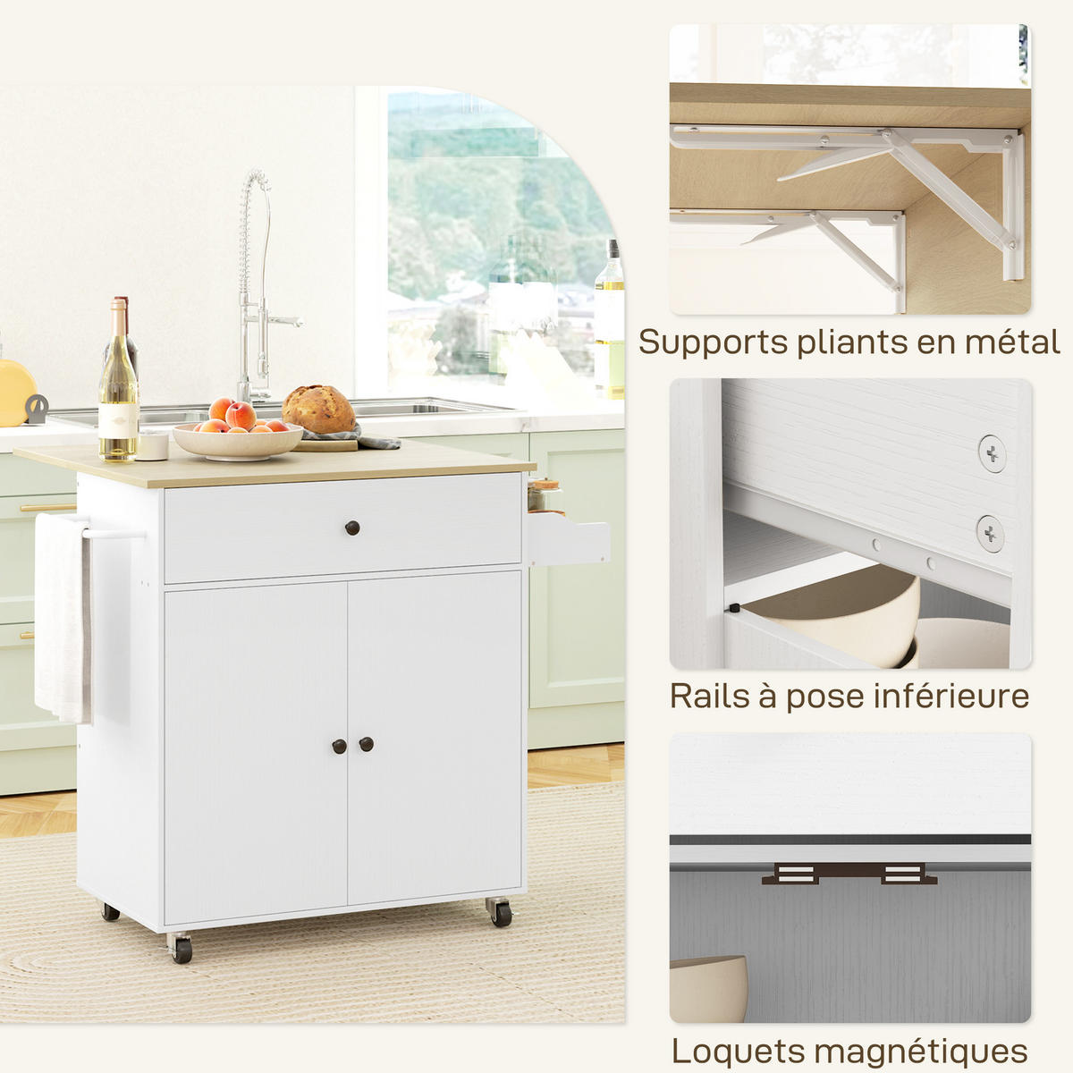 KÜCHENINSEL DE-11124 Ausziehbare Arbeitsplatte mit Schublade - Weiß, Holzwerkstoff (106/87/42cm) - ComfortXL