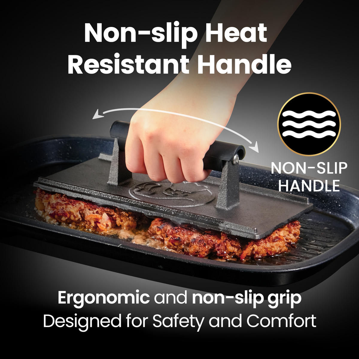 GRILLPRESSE,GRILLPRESSE, Schwarz, 3lb Gusseisen, Smash-Burger-Presse mit Hitzeschutzgriff - Schwarz, Metall (24/6.5/12cm) - Gourmet Easy
