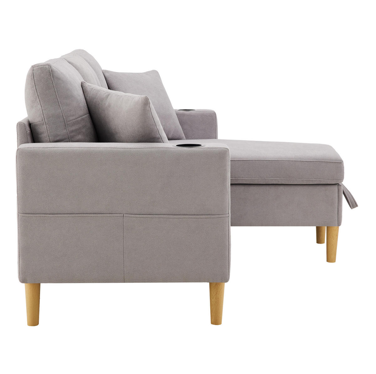 ECKSOFA Baumwolle-Leinen mit Stauraum und Getränkehaltern 175/129/90 cm Hellgrau mit 2 Kissen - Hellgrau, Textil (175/129cm) - Redom