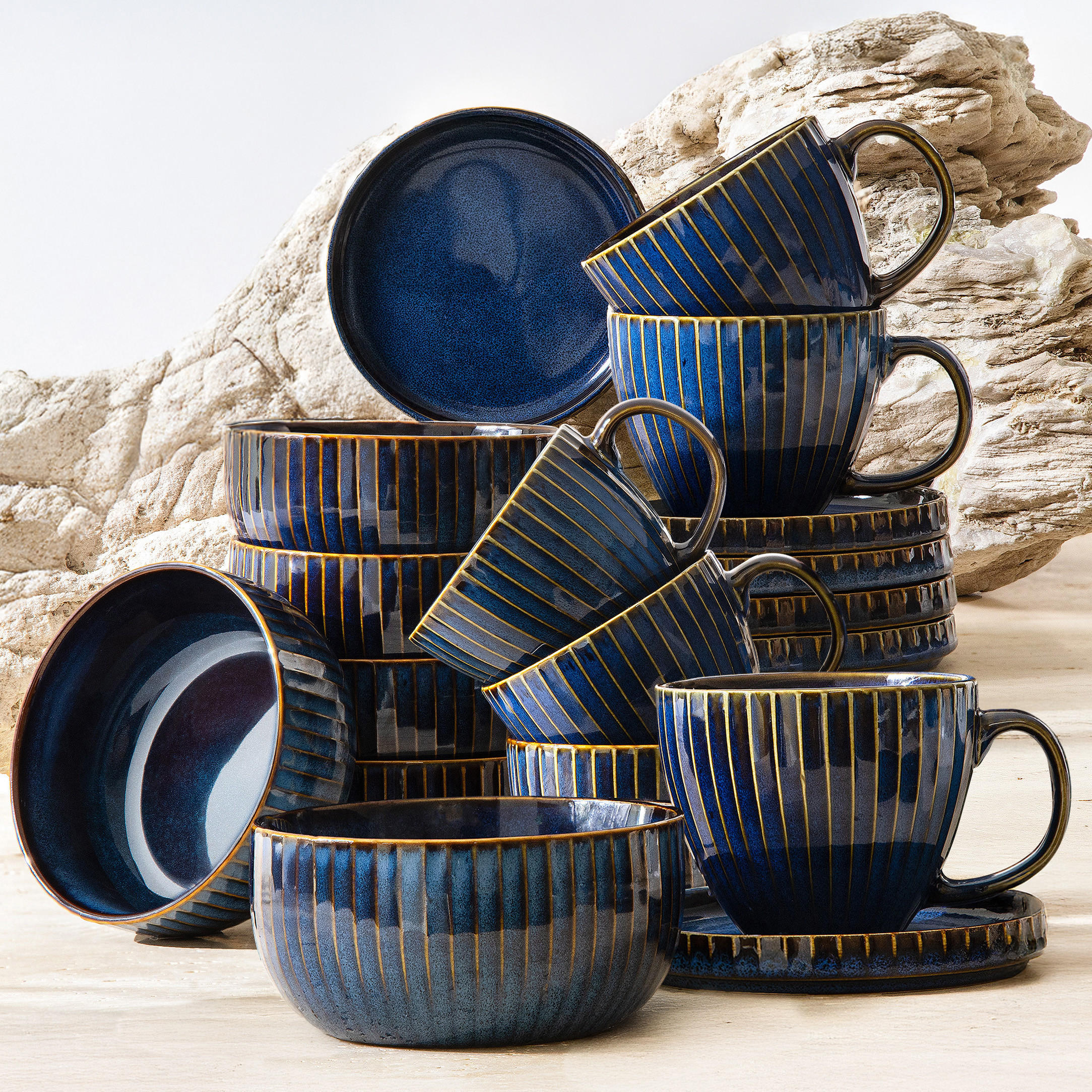 FRÜHSTÜCKS-SET AD STRIPES 6 PERSONEN, 18-tlg - Dunkelblau, Keramik (15/9/15cm) - KONSIMO®