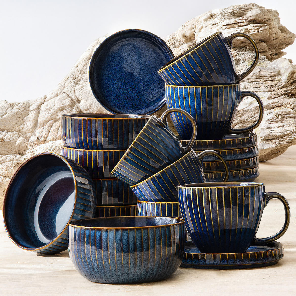 FRÜHSTÜCKS-SET AD STRIPES 6 PERSONEN, 18-tlg - Dunkelblau, Keramik (15/9/15cm) - KONSIMO®
