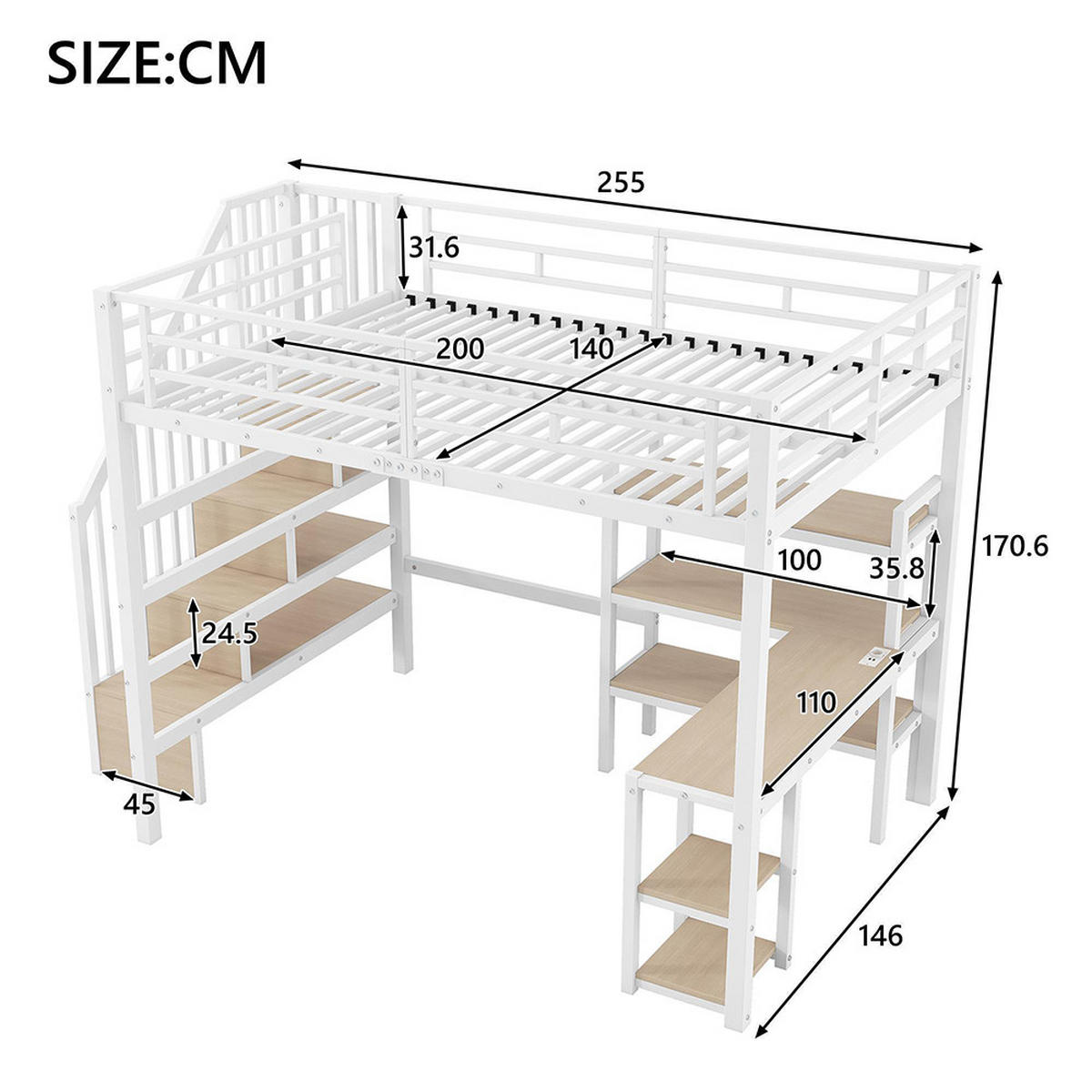 HOCHBETT 140x200 cm, integriertem Schreibtisch, Weiß - Weiß, Holz (140/200cm) - KOMHTOM