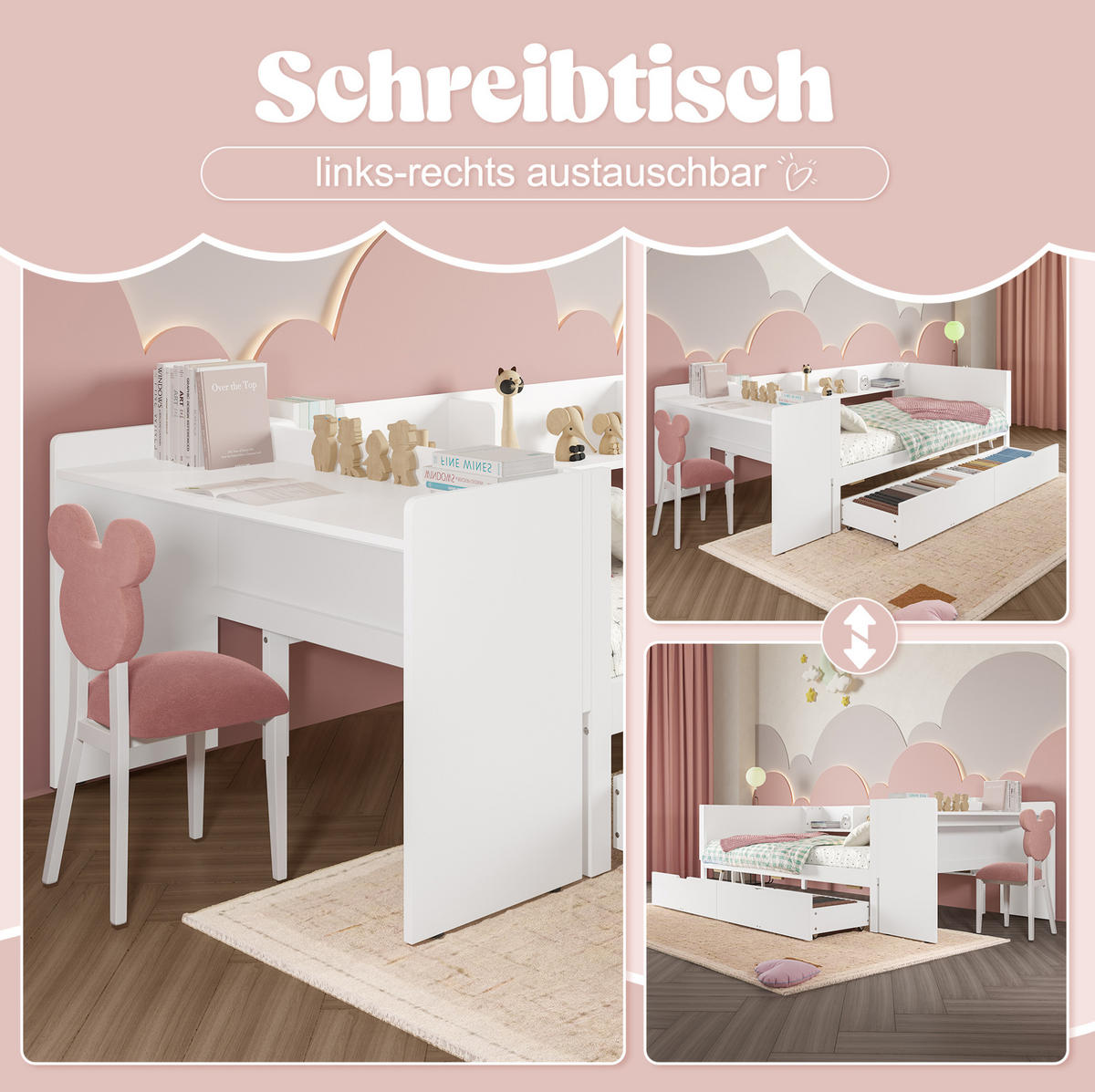 KINDERBETT 90/200 cm Weiß aus Kiefern mit Schreibtisch, 2 Schubladen und Regalen - Weiß, Holz (90/200cm) - OKMYHOME
