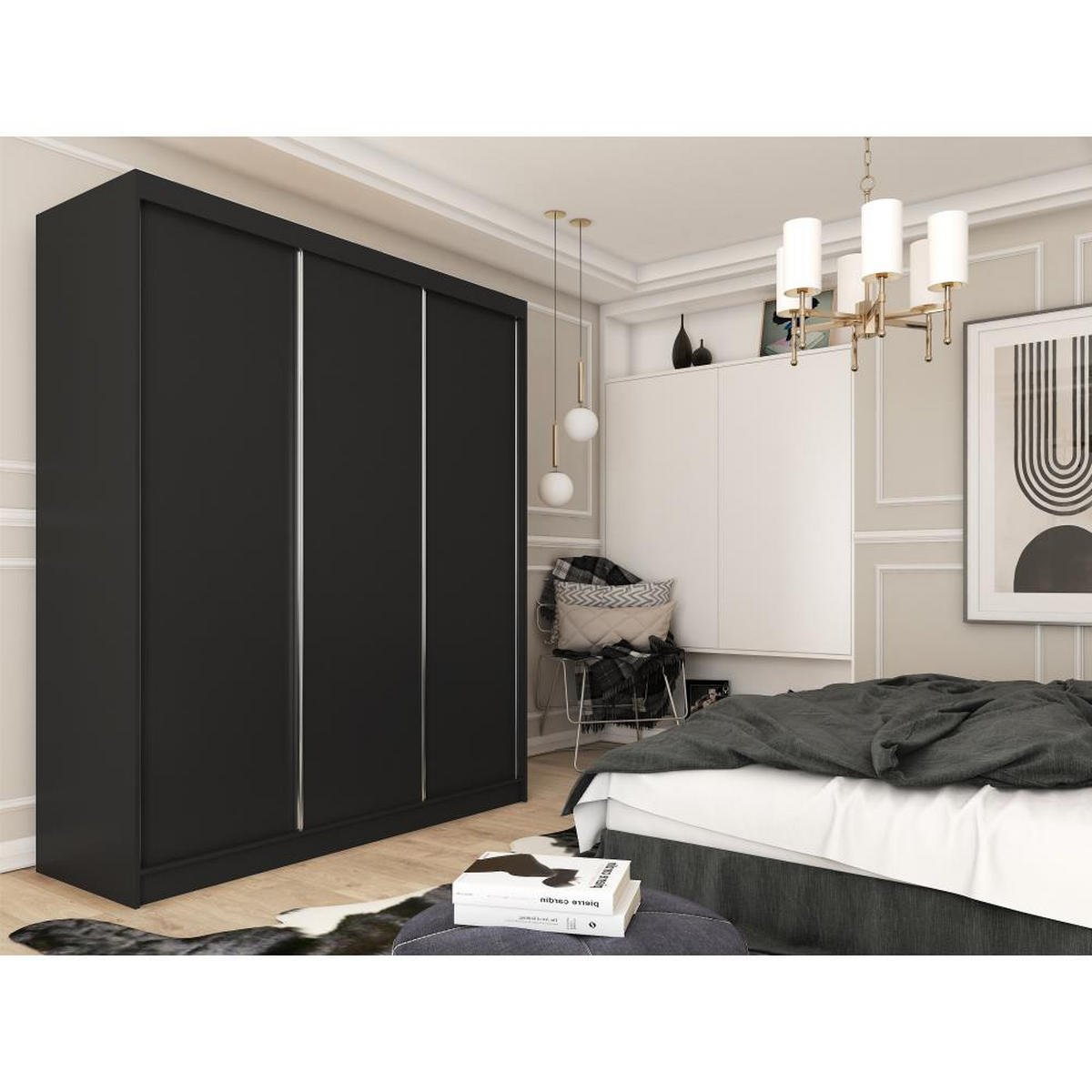 SCHWEBETÜRENSCHRANK Mario 240/216/61 schwarz mit Schubladen - Schwarz, Holzwerkstoff (240/216/61cm) - Beautysofa