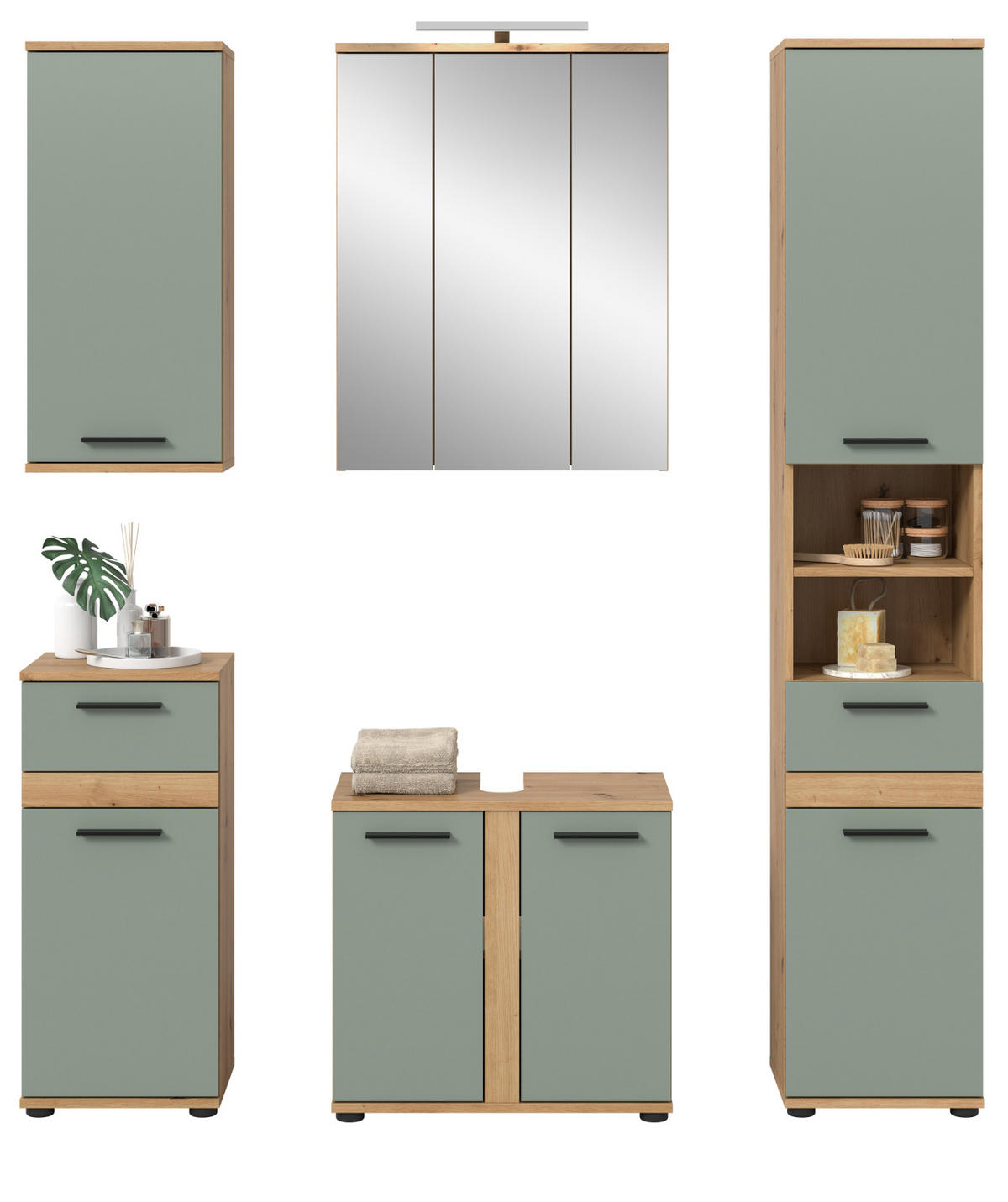 BADMÖBEL-SET Salbei grün, Eiche Artisan 164 cm 5-teilig, Badkombination inklusive LED Beleuchtung - Salbeigrün/Schwarz, Glas/Holzwerkstoff (164/191/34cm) - Inn.Furn