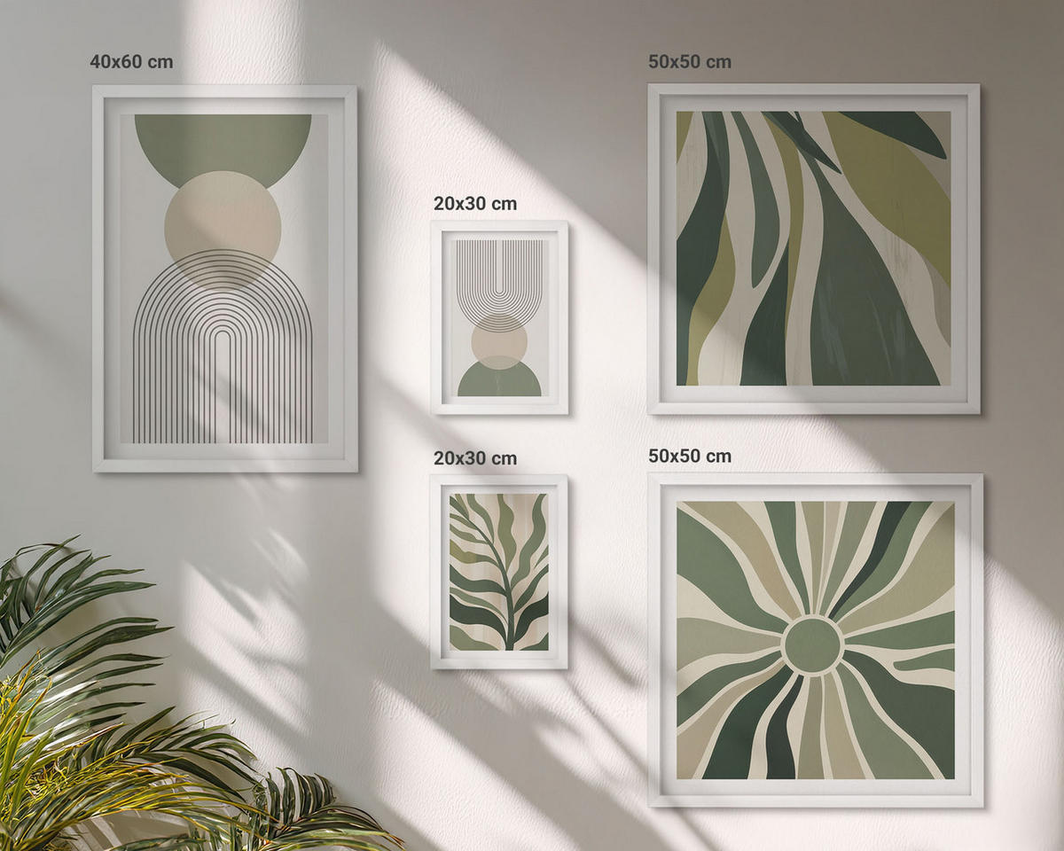 BILDER SET 5er Set - 50x50 cm & 20x30 cm & 40x60 cm Weißer Rahmen - Bemalte Blätter mit Grün - Weiß, Kunststoff (40/60cm) - TULUP