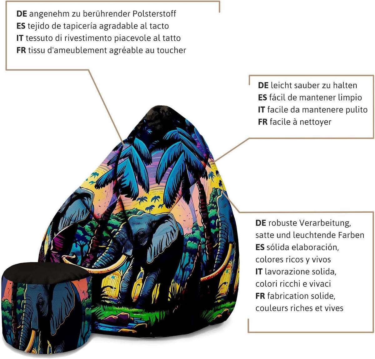 SITZSACK PEARSHAPE MIT FUßSTÜTZE Velvet 2-tlg Elephant M - Schwarz, Textil (70/120/70cm) - Dreamroots