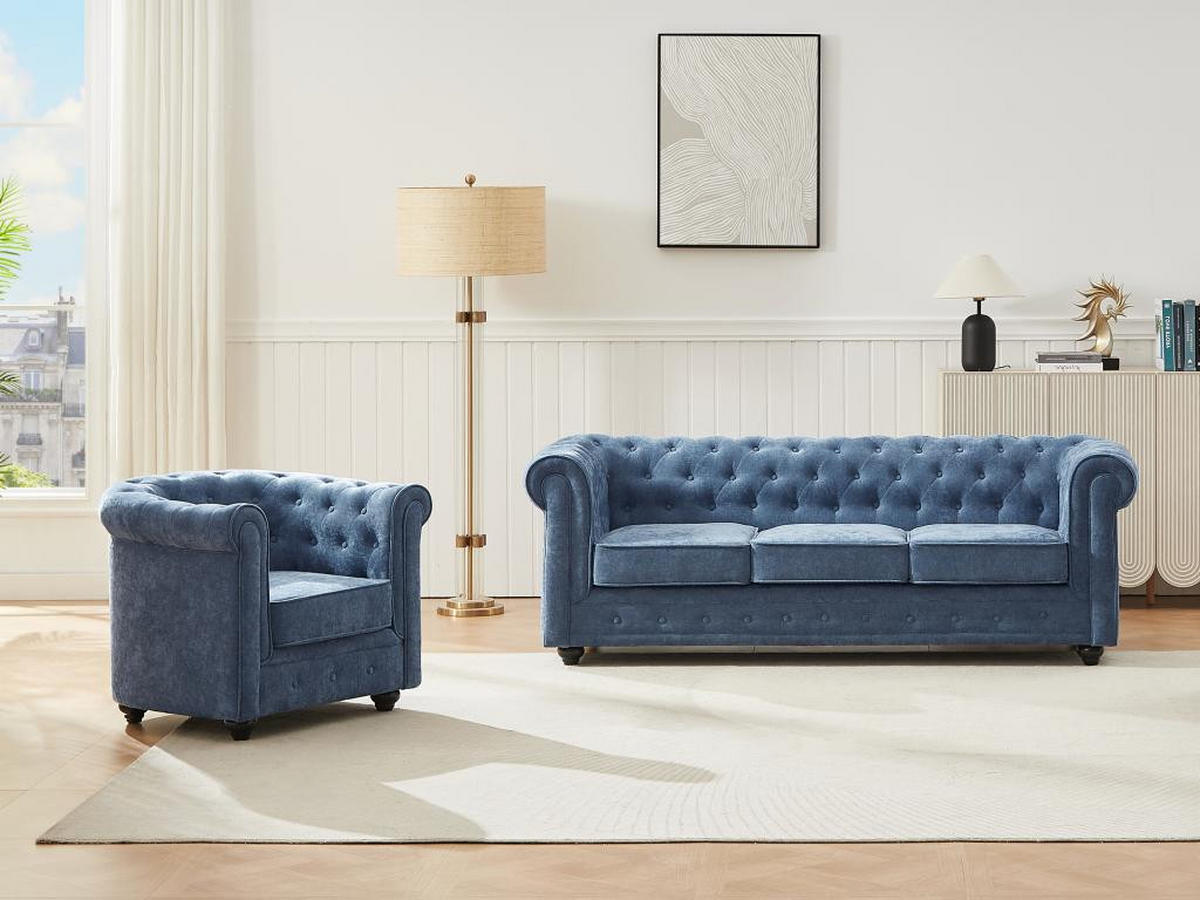 SOFA 3-Sitzer & Sessel - Stoff - Blau - CHESTERFIELD - Blau, Textil (88/72/205cm) - Vente-Unique