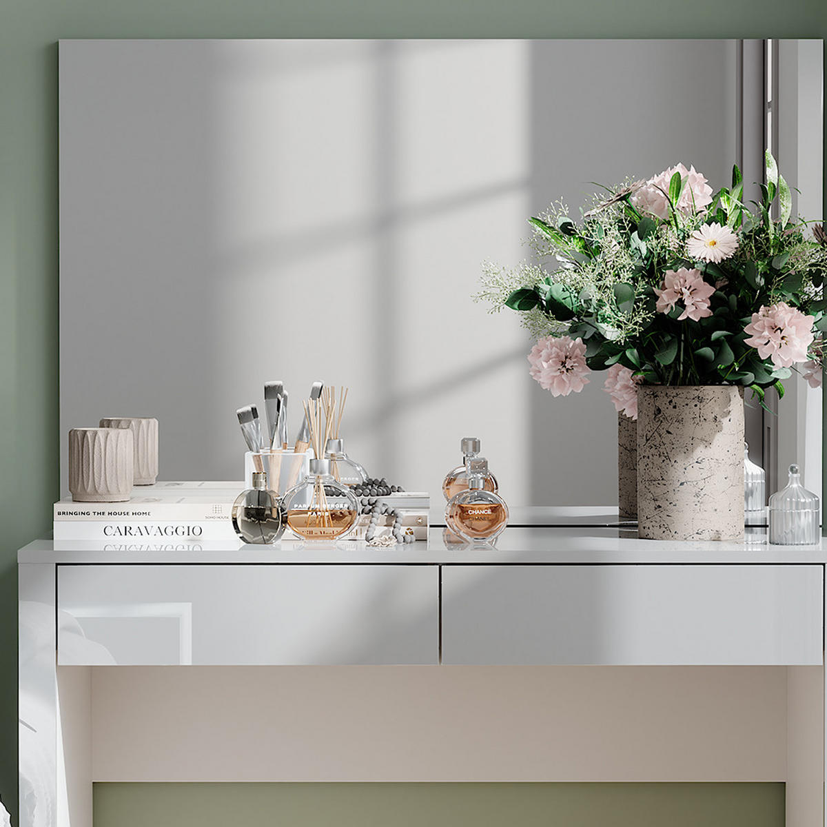 SCHMINKTISCH Annabelle Weiß Hochglanz/Weiß 110 cm mit Spiegel - Weiß Hochglanz/Weiß, Holzwerkstoff (110/75.5/50cm) - Vicco