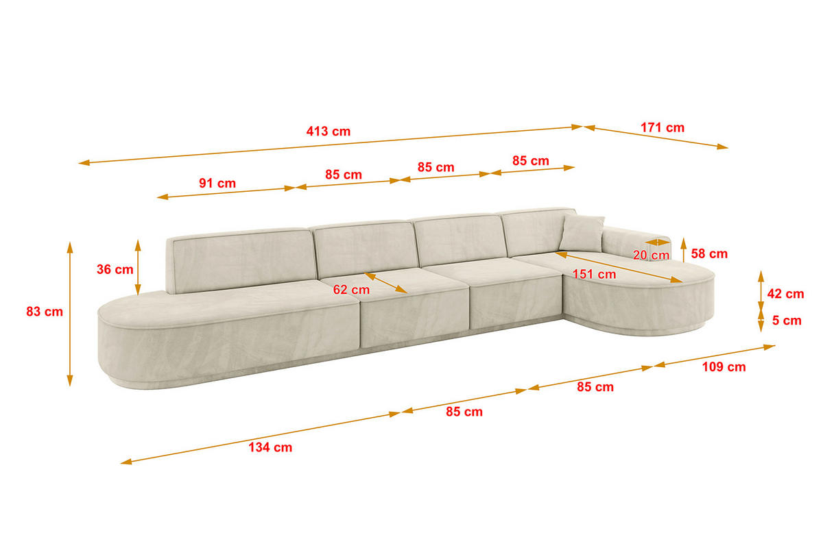 ECKSOFA Ottomane Rechts MARI-L3-v3 - 413x171x83 cm Ecru Velours - Ecru/Schwarz, Holzwerkstoff/Kunststoff (171/413cm) - ALTDECOR
