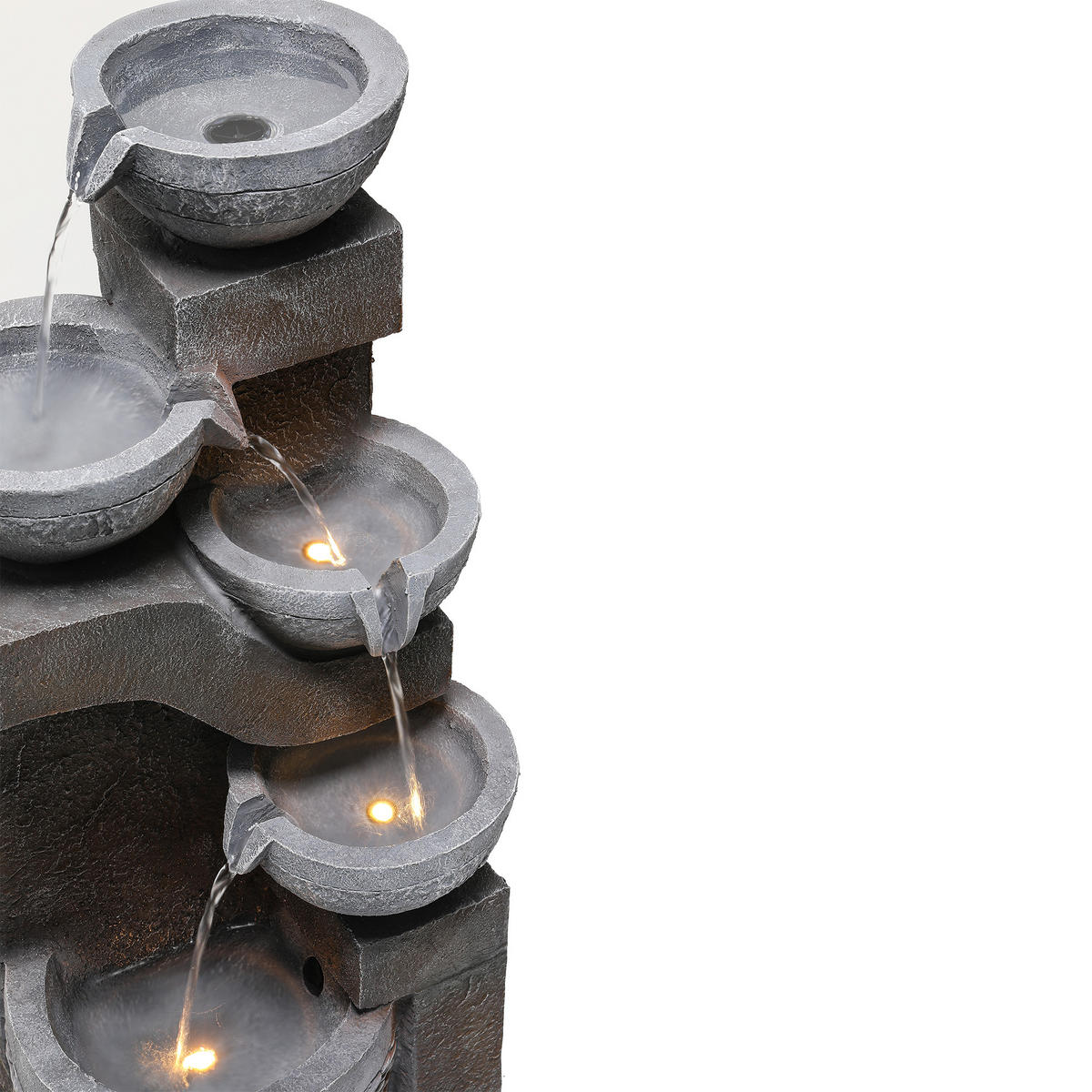 GARTENBRUNNEN, LED-Beleuchtung, Kunststein, Wasserspiel, Grau - Grau, Naturmaterialien (33.5/30.5/77.5cm) - FLIEKS