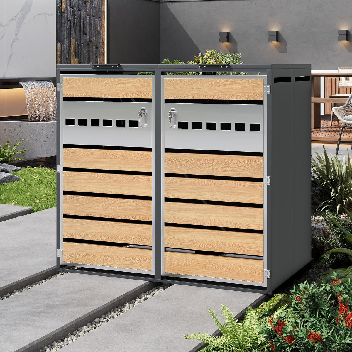 MÜLLTONNENBOX Klappdeckel 2 Türen - Grau, Metall (132/118.5/80cm) - LEBENLANG