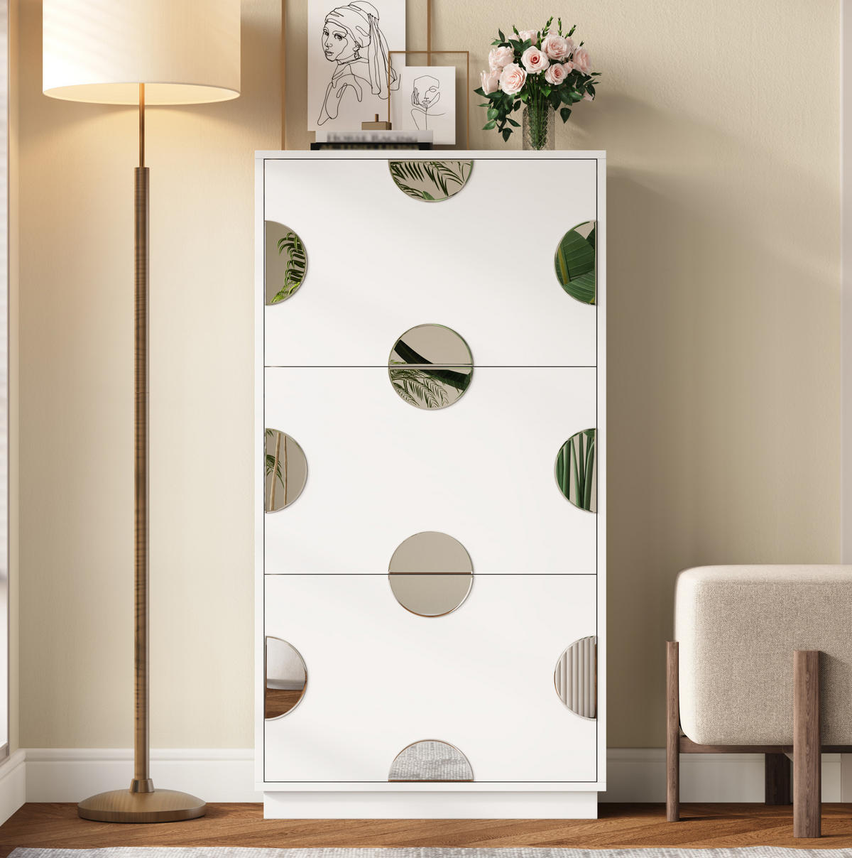 SCHUHSCHRANK 63/120/24 cm Weiß aus MDF mit 3 Klappen und Spiegel - Weiß, Holzwerkstoff (63/120/24cm) - OKMYHOME