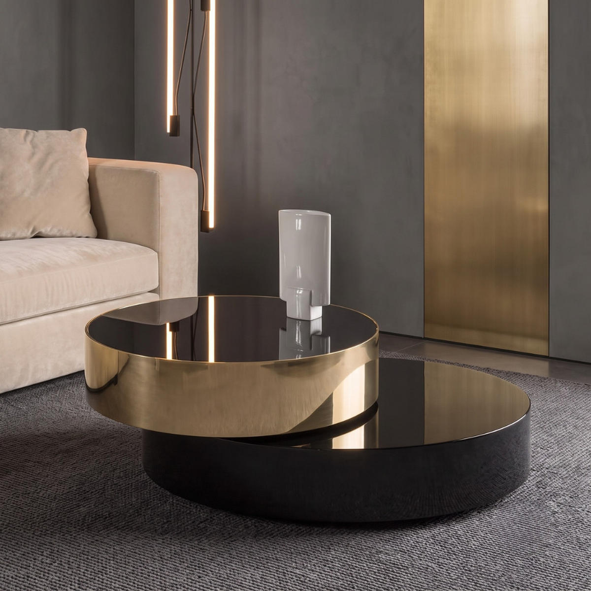 DESIGN-COUCHTISCH ORBIT ROTATE Runder Wohnzimmertisch mit 360°-Drehfunktion - Schwarz Hochglanz/Goldfarben, Glas (100/100/64cm) - alesvelt
