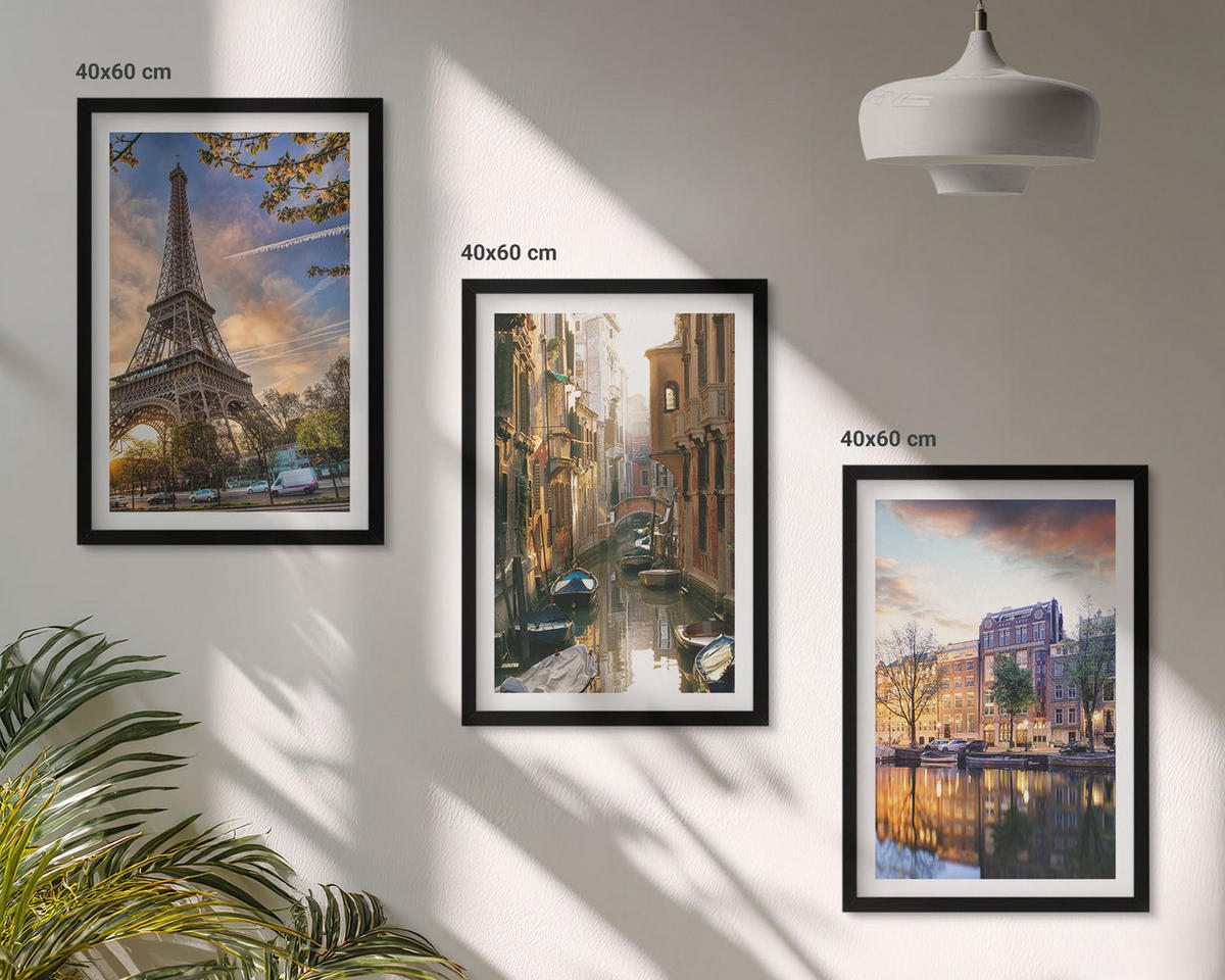 WANDBILDER 3er-Set - 40x60 cm Schwarzer Rahmen - Eiffelturm Venedig Amsterdamer Kanäle - Schwarz, Kunststoff (40/60cm) - ArtPrintCave