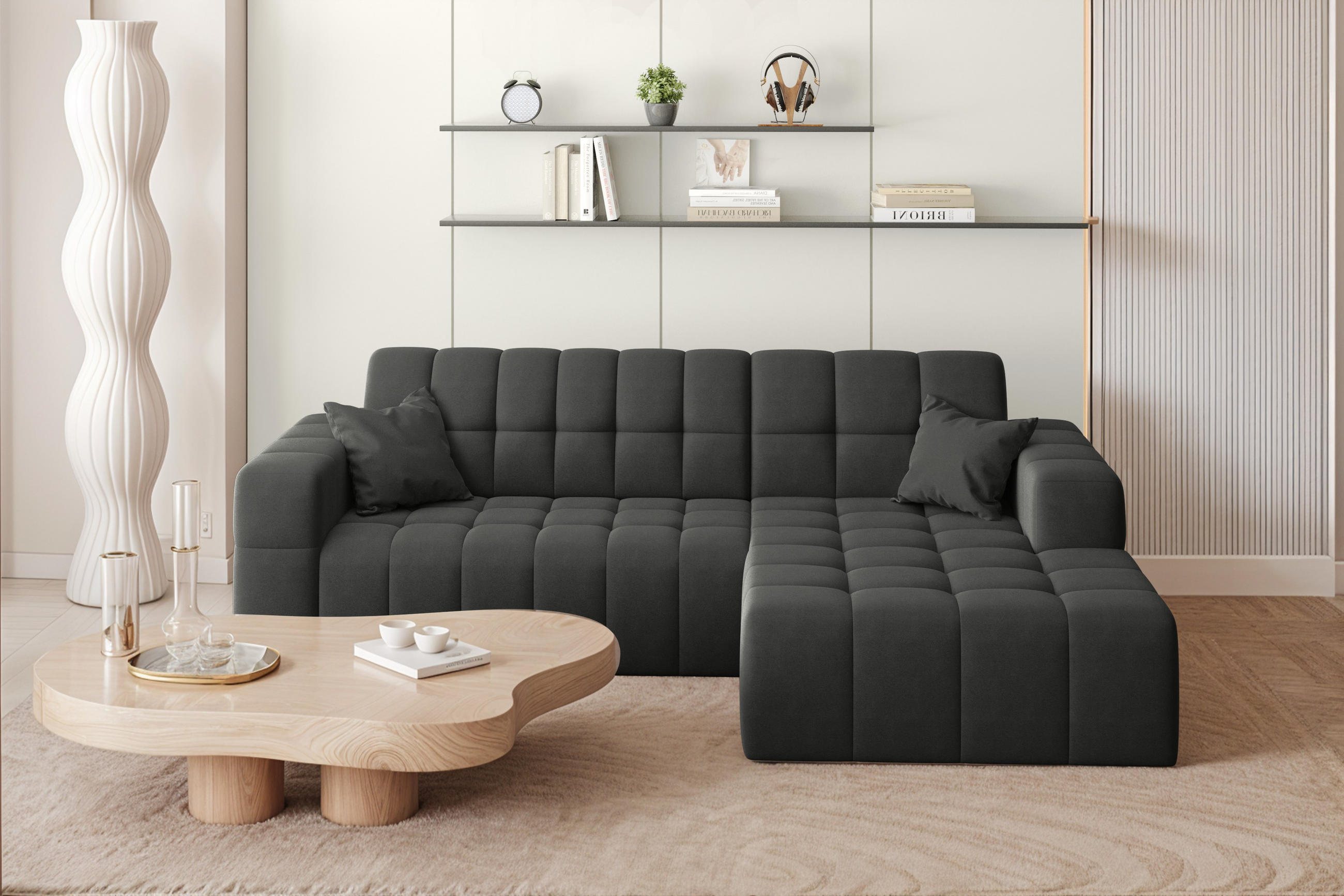 ECKSOFA L-förmiges Nimes Velours Stoff Schwarz Rechts - Schwarz, Holz/Kunststoff (265/168cm) - Kaiser Möbel