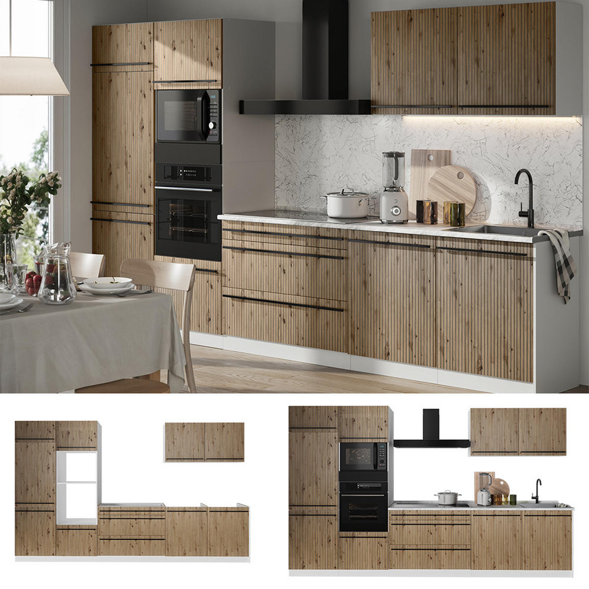 KUCHYNKA R-Line, Remeselný dub/biely, 340 cm antrasiitti työtaso - biela/dub artisan, kompozitné drevo (340/206.8/60cm) - Vicco