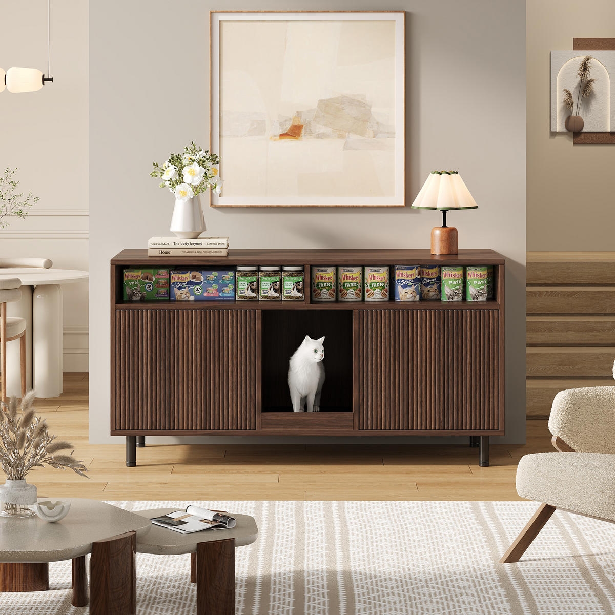 KATZENTOILETTEN-SCHRANK Walnuss, 120/50/66 cm, mit Ablagefächern und Streuauffangmatte - Walnussfarben, Holzwerkstoff/Metall (120/66/50cm) - CHICFURN