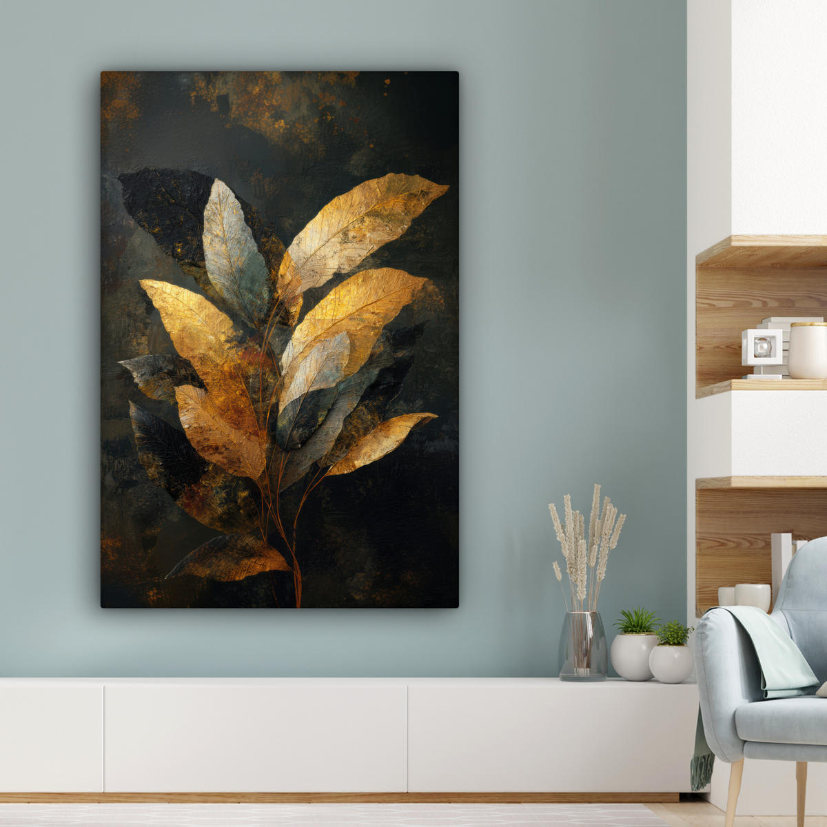 LEINWANDBILD Golden Leaf Komposition - Botanical Luxury Deko XXL 80x120 cm - Goldfarben/Schwarz, Textil (80/120cm) - MuchoWow