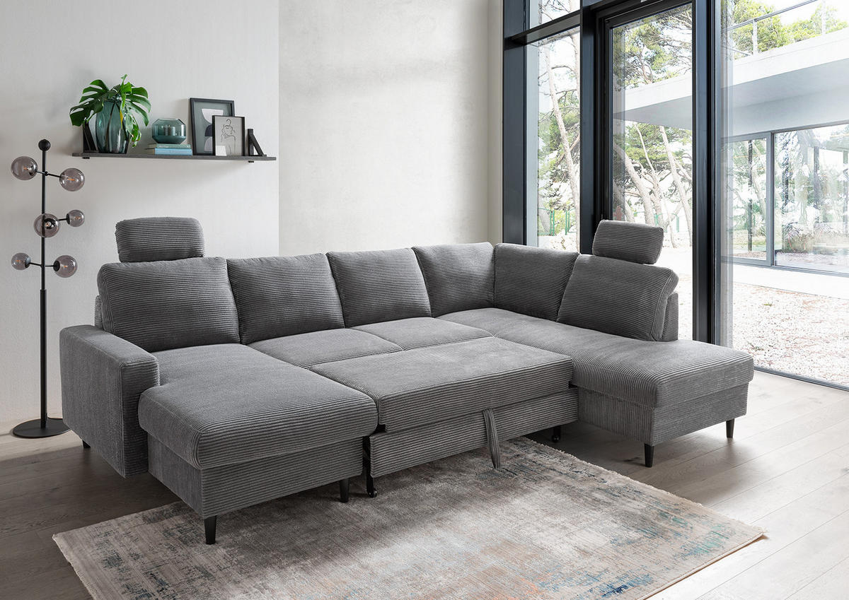 WOHNLANDSCHAFT mit Schlaffunktion Bettkasten Wellenunterfederung, 2 Kopfstützen, U-Form B305/T200/H88 cm, Cord Grau Anthrazit / 17206 - Schieferfarben/Anthrazit, Holz/Textil (305/88/200cm) - luma-home