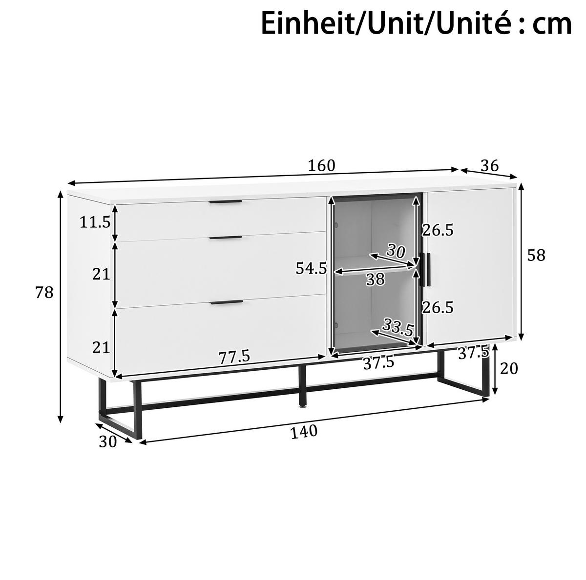 SIDEBOARD 160/36/78 cm weiß aus MDF mit 3 Schubladen und LED - Weiß, Holzwerkstoff (160/78/36cm) - OKWISH