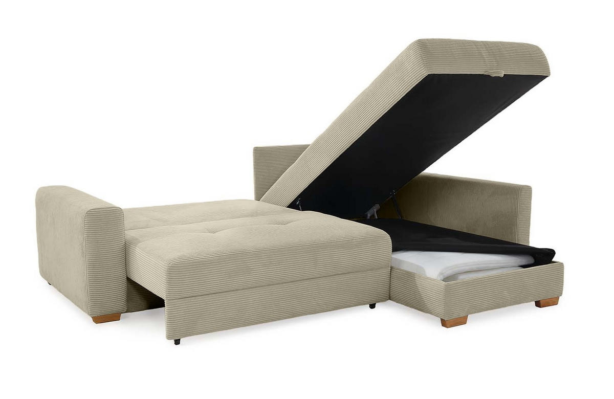 ECKSOFA-DAUERSCHLÄFER Boxspring Federkern Topper Bettkasten, seitenverkehrt montierbar B257/T206/H85 cm, Cord Beige Grau / 15212 - Greige/Eichefarben, Holz/Textil (257/206cm) - luma-home