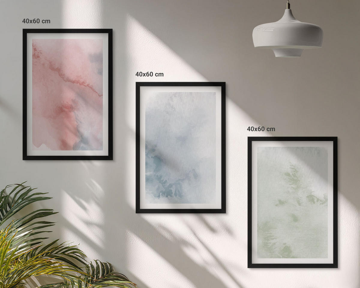 BILDER SET 3er Set - 40x60 cm Schwarzer Rahmen - Pastellfarbene Aquarellstrukturen - Schwarz, Kunststoff (40/60cm) - TULUP