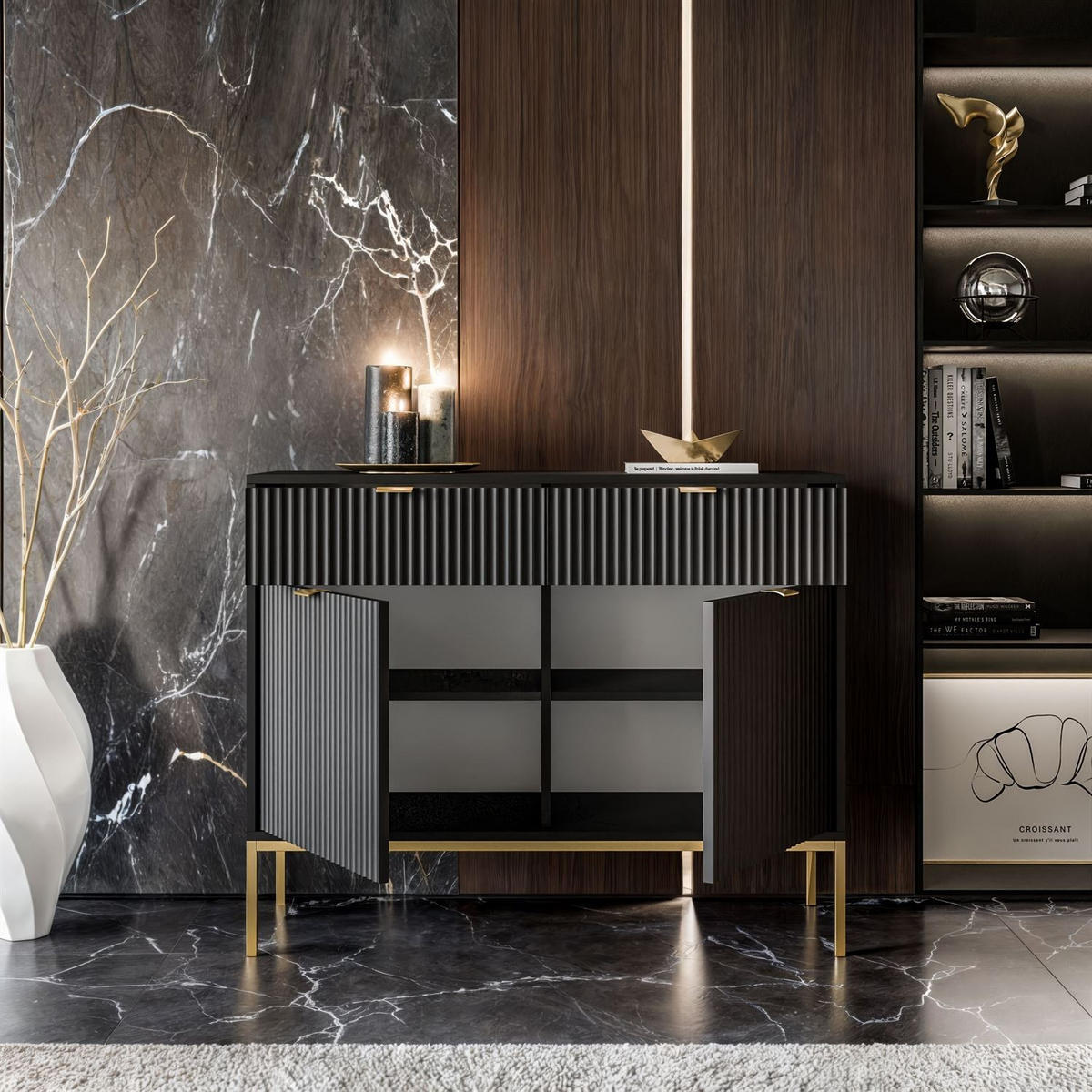 KOMMODE CORTADO GOLD KSZ104 MIT SCHUBLADEN SCHWARZ - Schwarz, Holzwerkstoff (104/83/39cm) - Lookway