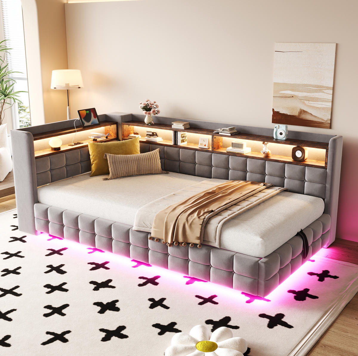 POLSTERBETT 90/200 cm Hellgrau mit Stauraum und LED-Beleuchtung - Hellgrau, Textil (90/200cm) - Flora Grace