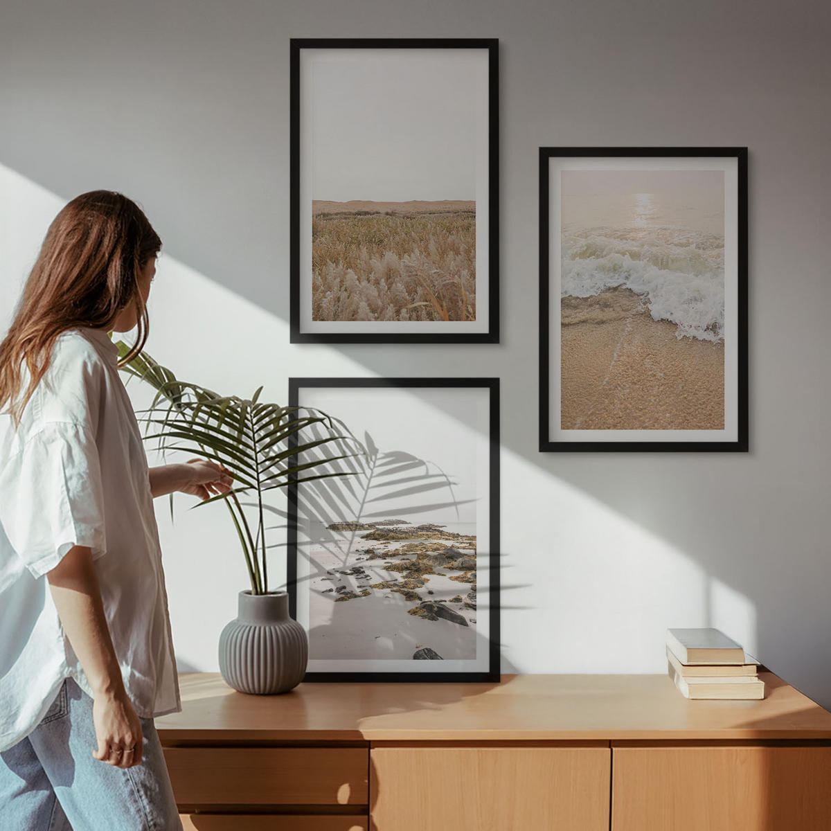 WANDBILDER 3er-Set - 40x60 cm Schwarzer Rahmen - Strandwellen, Steine, Sommer - Schwarz, Kunststoff (40/60cm) - ArtPrintCave