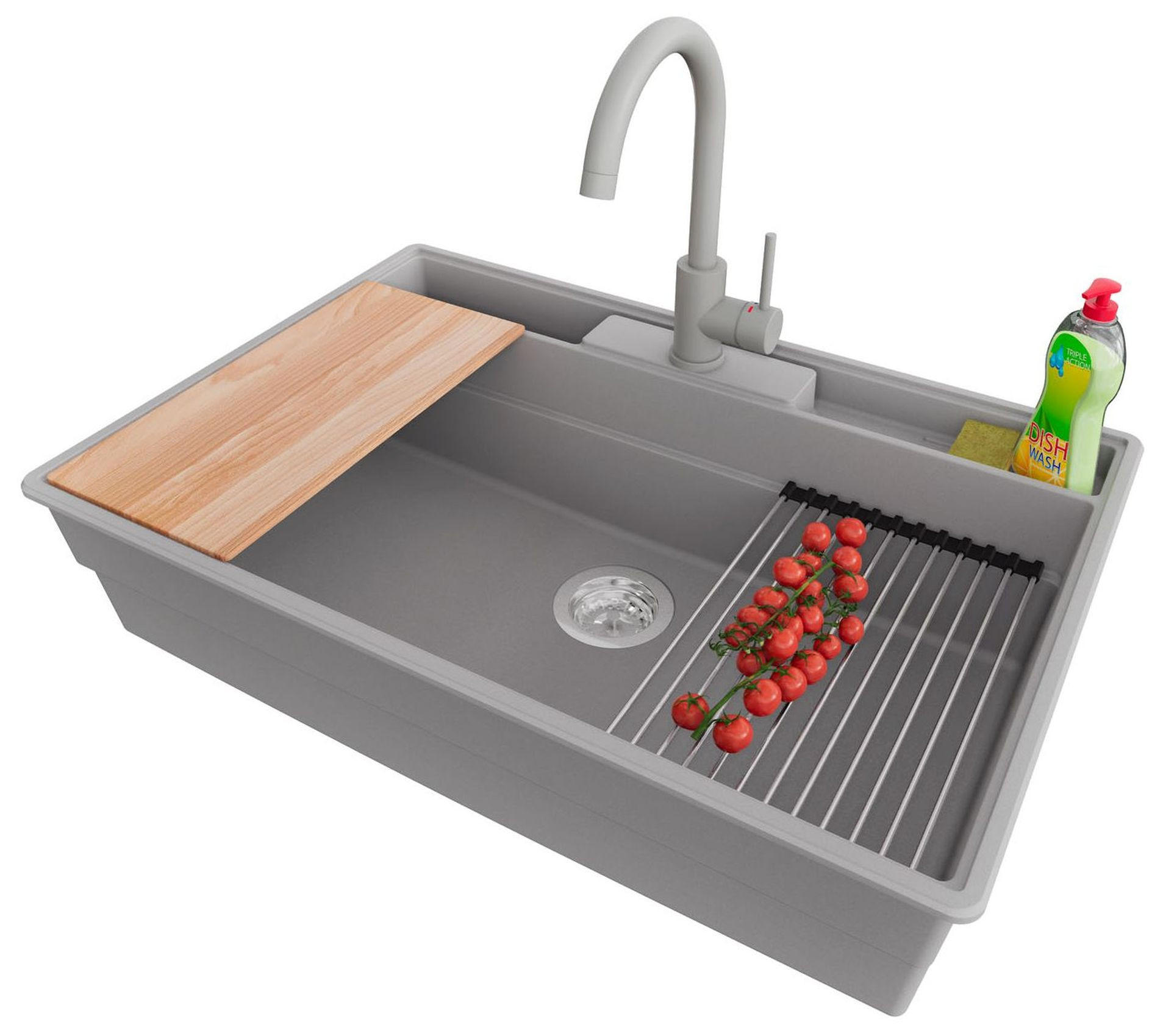 GRANITSPÜLE New York, 2-er set Grau 78/53 cm 1 Becken + Küchenarmatur 32/20 cm + Ablauf-Set + Küchenzubehörset ab 80er Unterschrank - Chromfarben/Beige, Kunststoff (78/20/53cm) - Primagran