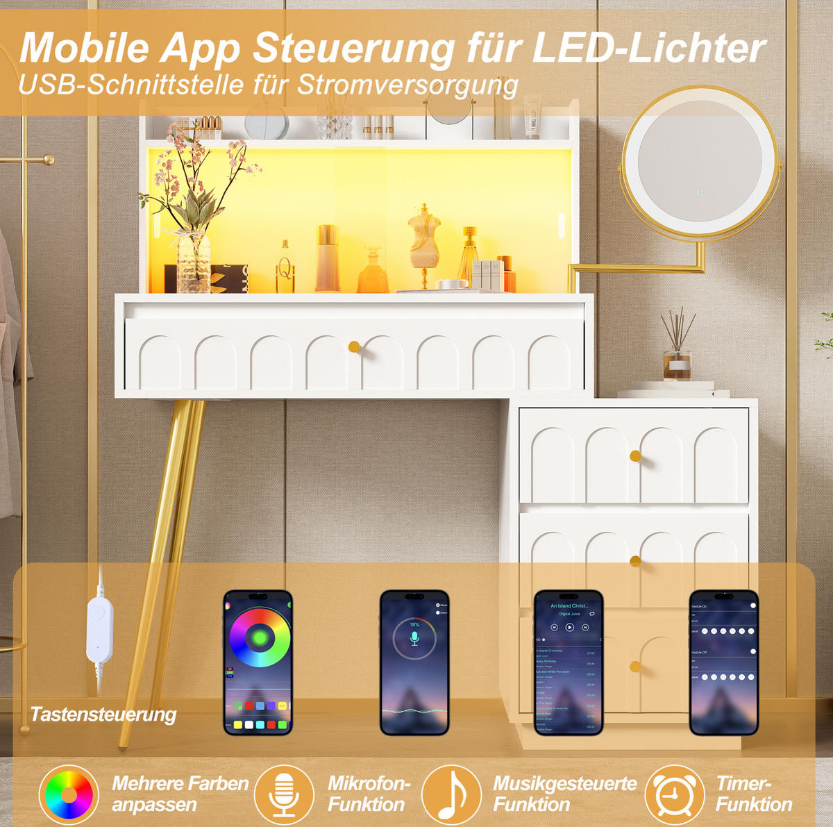 SCHMINKTISCH 112/34,5/116 cm weiß aus MDF mit LED-Spiegel - Weiß, Holzwerkstoff (34.5/116/112cm) - OKWISH