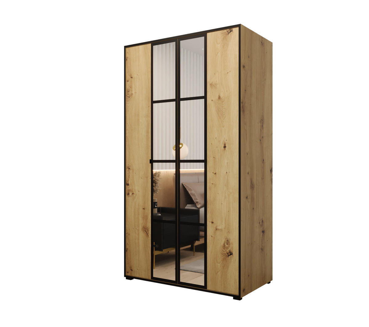 DREHTÜRENSCHRANK MODENA 120, 4-türig Kleiderschrank mit 2 Spiegel, Moderne Garderobe, Schrank in Größe: 120 x 206 x 65 cm - Schwarz/Braun, Holzwerkstoff (120/206/65cm) - O-Sofa