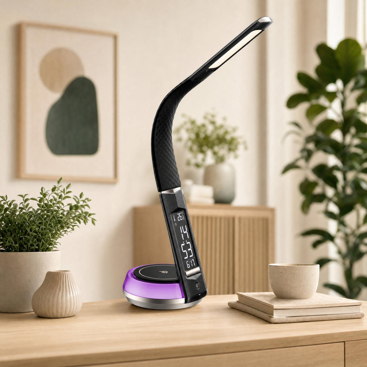 LED-SCHREIBTISCHLAMPE - mit QI-Ladestation, Touch-Dimmer und integrierter Uhr für angenehme Beleuchtung, Schwarz - Schwarz, Kunststoff (13.7/13.7/54.5cm) - Northpoint