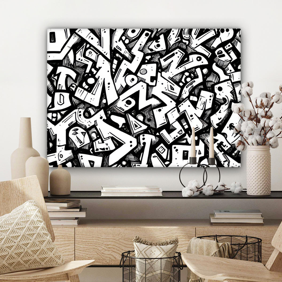 LEINWANDBILD Formen - Buchstaben - Graffiti - Schwarz Wandbilder 80x60 cm - Schwarz, Textil (80/60cm) - MuchoWow