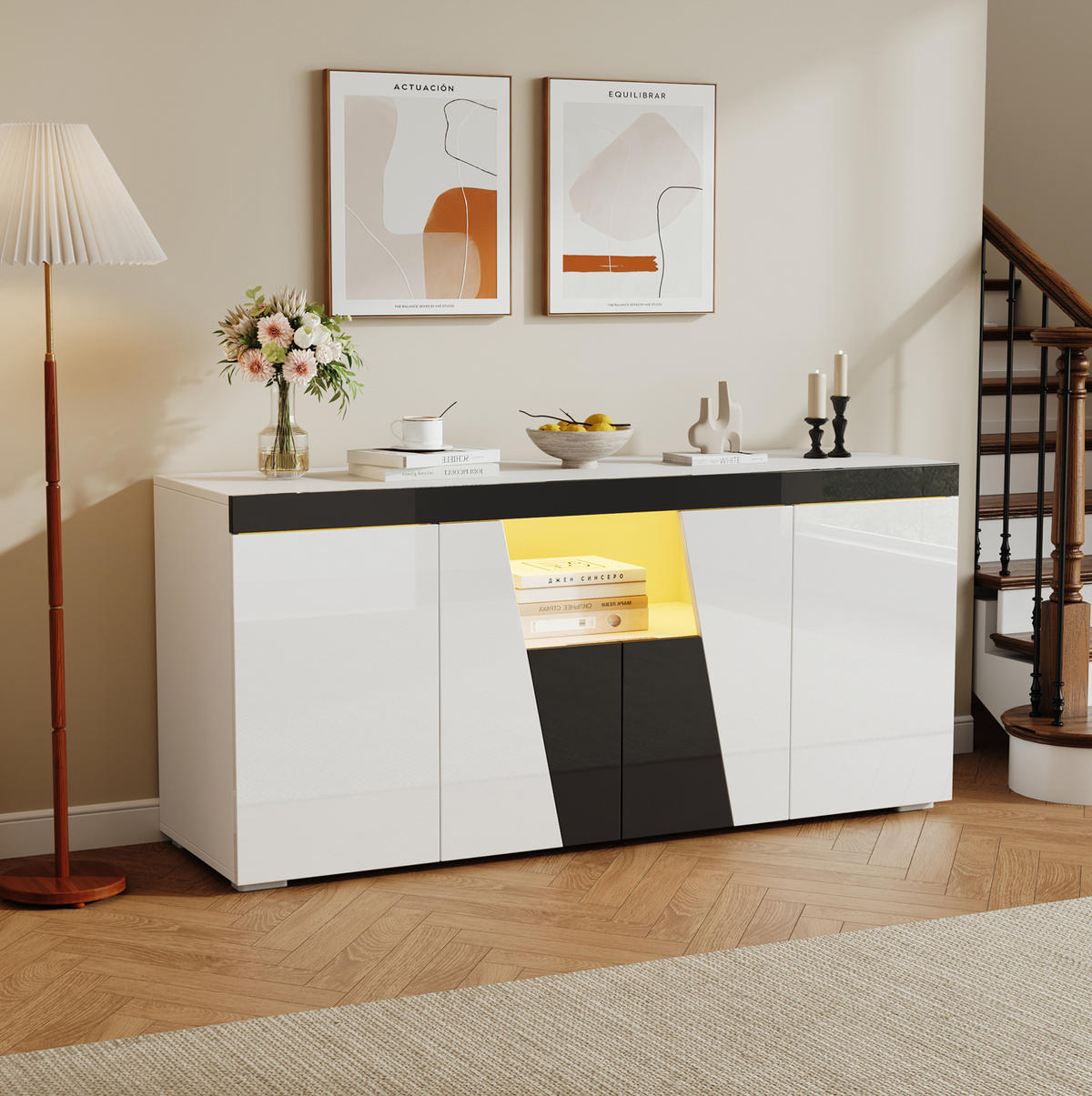 SIDEBOARD 140/40/65 cm aus Spanplatte mit LED-Beleuchtung, 4 Türen und verstellbaren Einlegeböden, Weiß/Schwarz - Weiß, Holzwerkstoff (140/65/40cm) - Redom