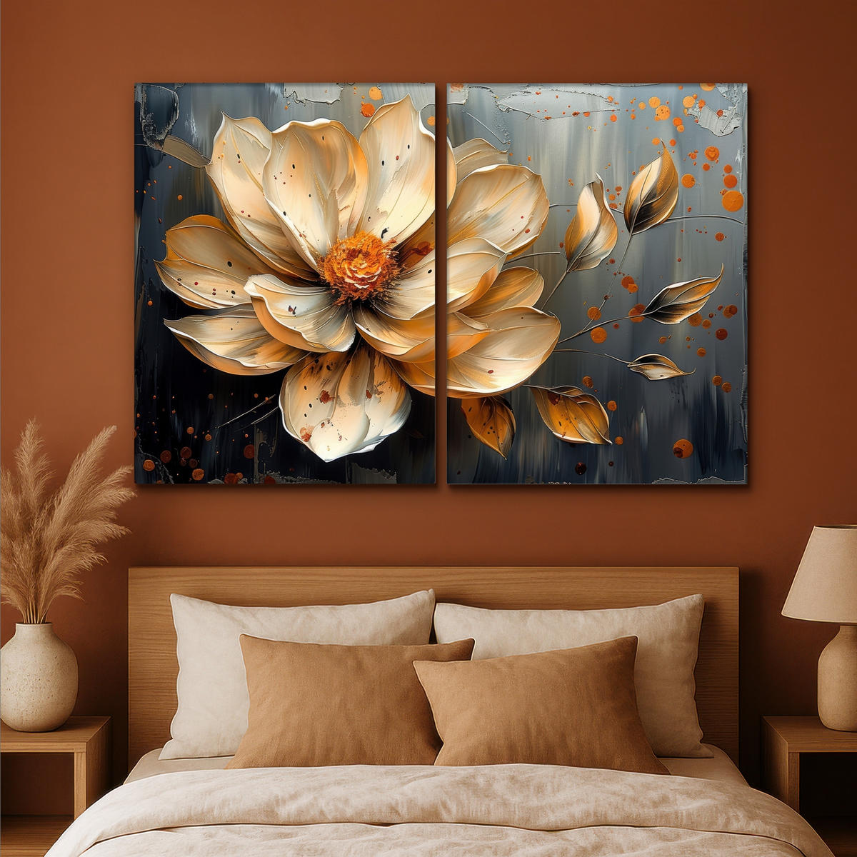 LEINWANDBILD 2er Set Blume - Gold - Abstrakt - Farbe 180x120 cm - Creme, Textil (180/120cm) - MuchoWow